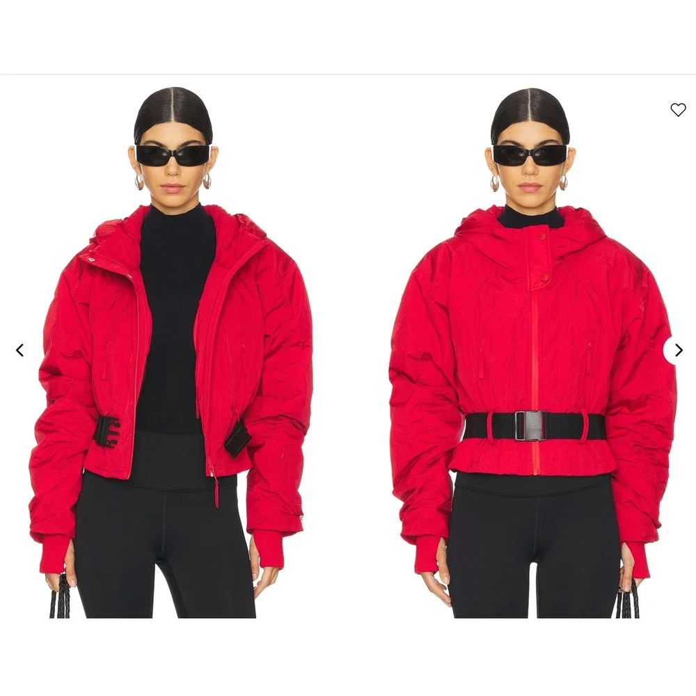 Free People Movement Powder Vixen Red Duvet Puffer Jacket Belted Hooded Crop Lg